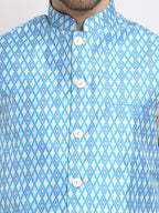 Jompers Men's Blue Ikat Printed Nehru Jacket | Grocsy
