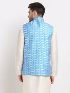 Jompers Men's Blue Ikat Printed Nehru Jacket | Grocsy
