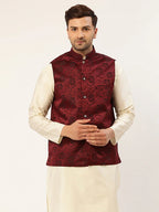 Jompers Men's Maroon & Black embossed Nehru Jacket | Grocsy