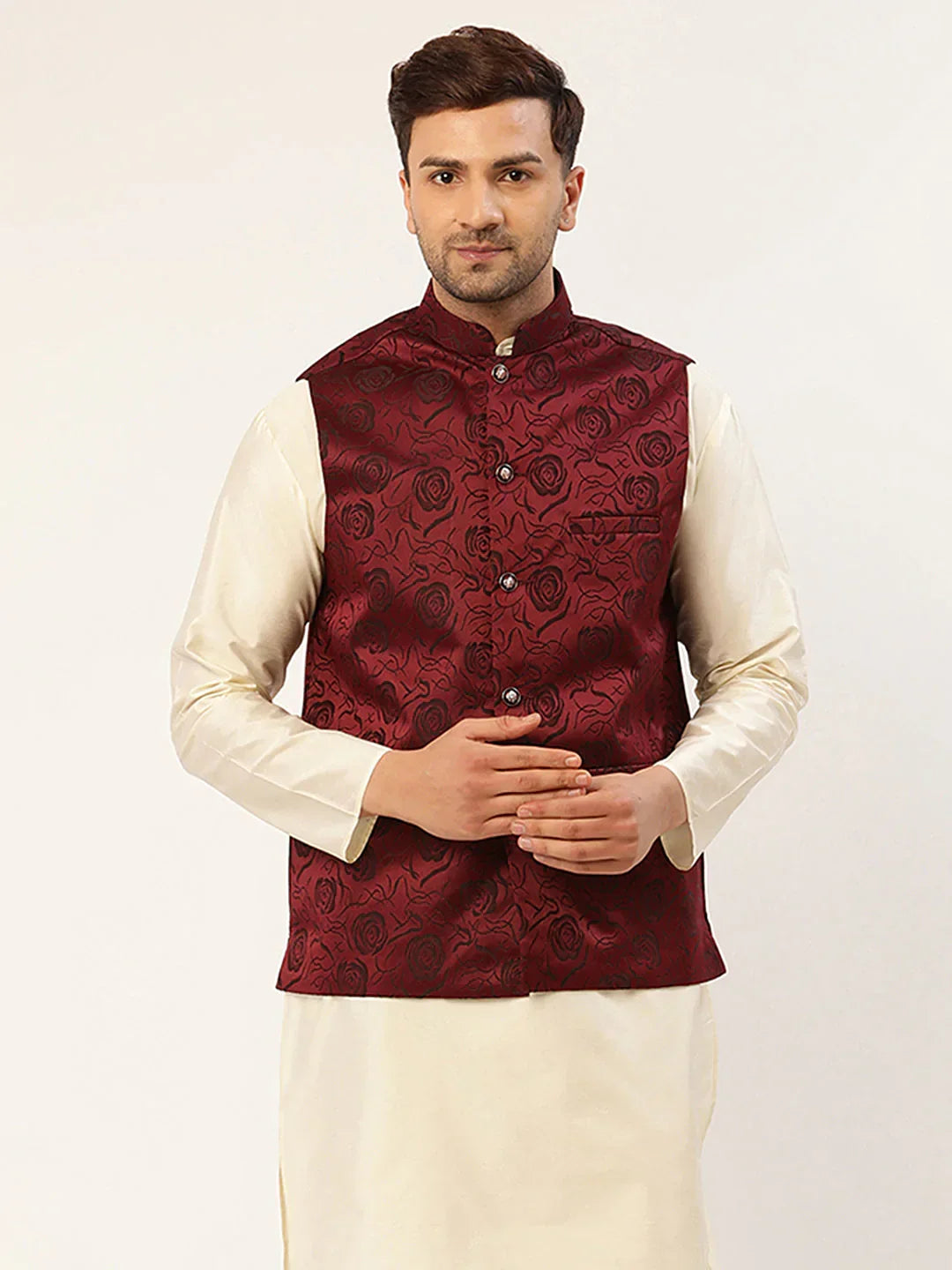 Jompers Men's Maroon & Black embossed Nehru Jacket | Grocsy