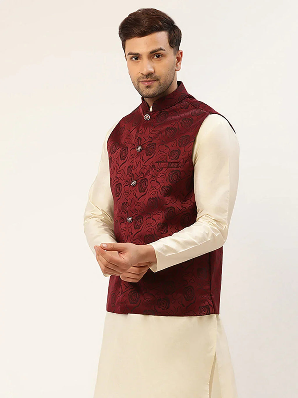 Jompers Men's Maroon & Black embossed Nehru Jacket | Grocsy