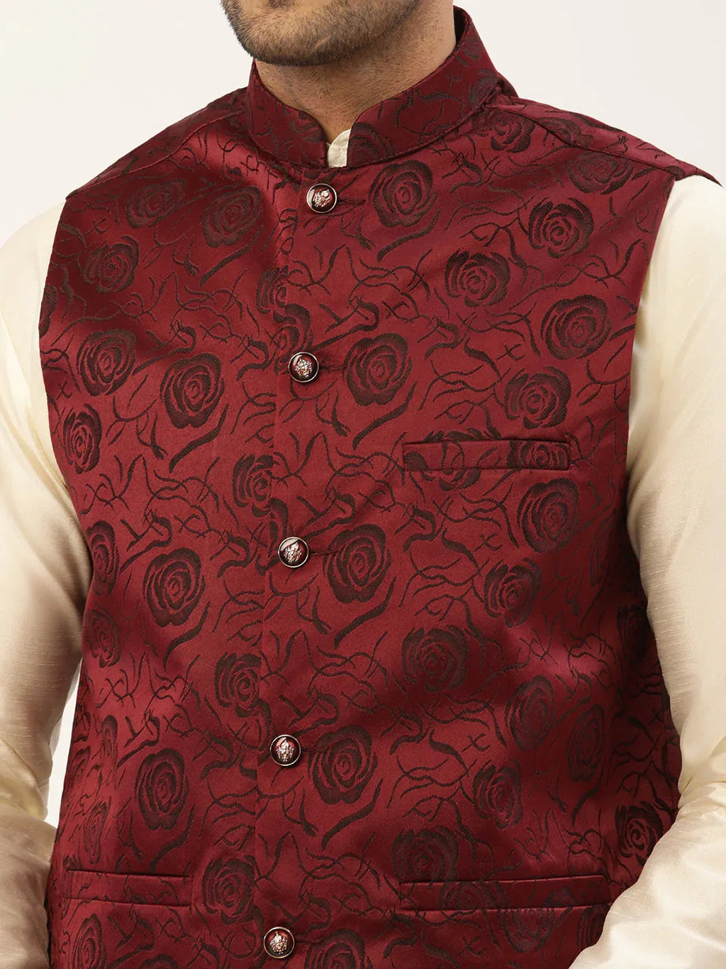 Jompers Men's Maroon & Black embossed Nehru Jacket | Grocsy