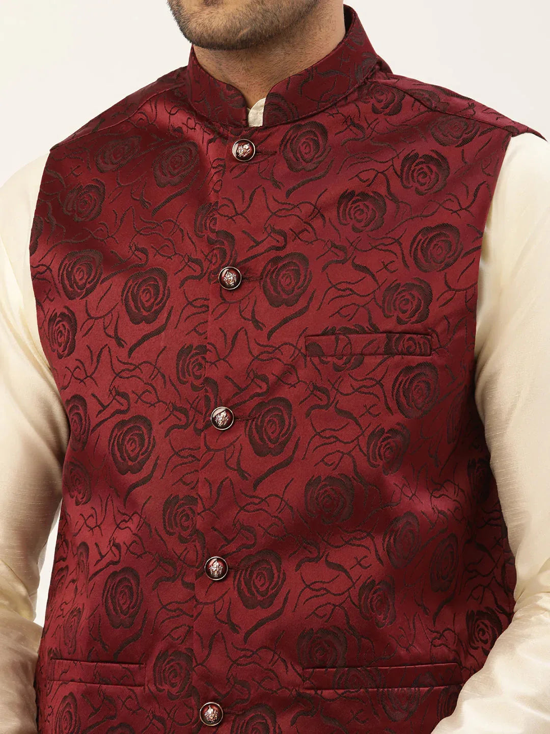 Jompers Men's Maroon & Black embossed Nehru Jacket | Grocsy