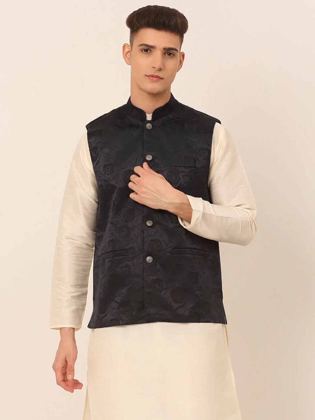 Jompers Men's Navy & Black embossed Nehru Jacket | Grocsy