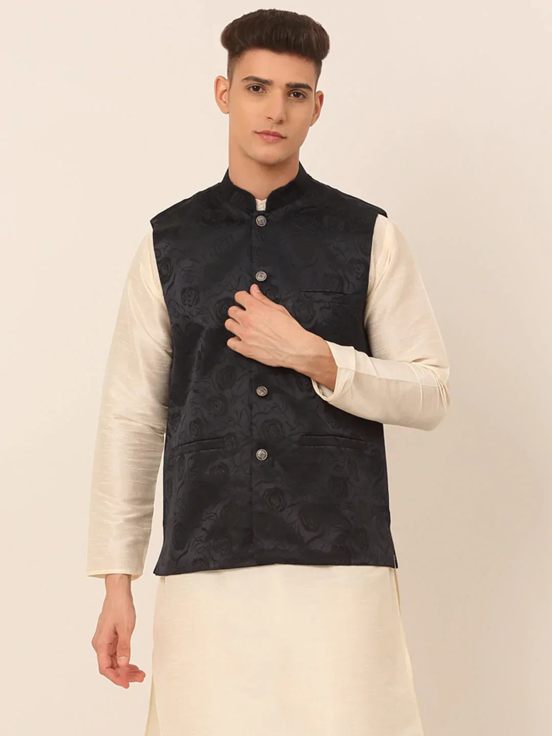Jompers Men's Navy & Black embossed Nehru Jacket | Grocsy