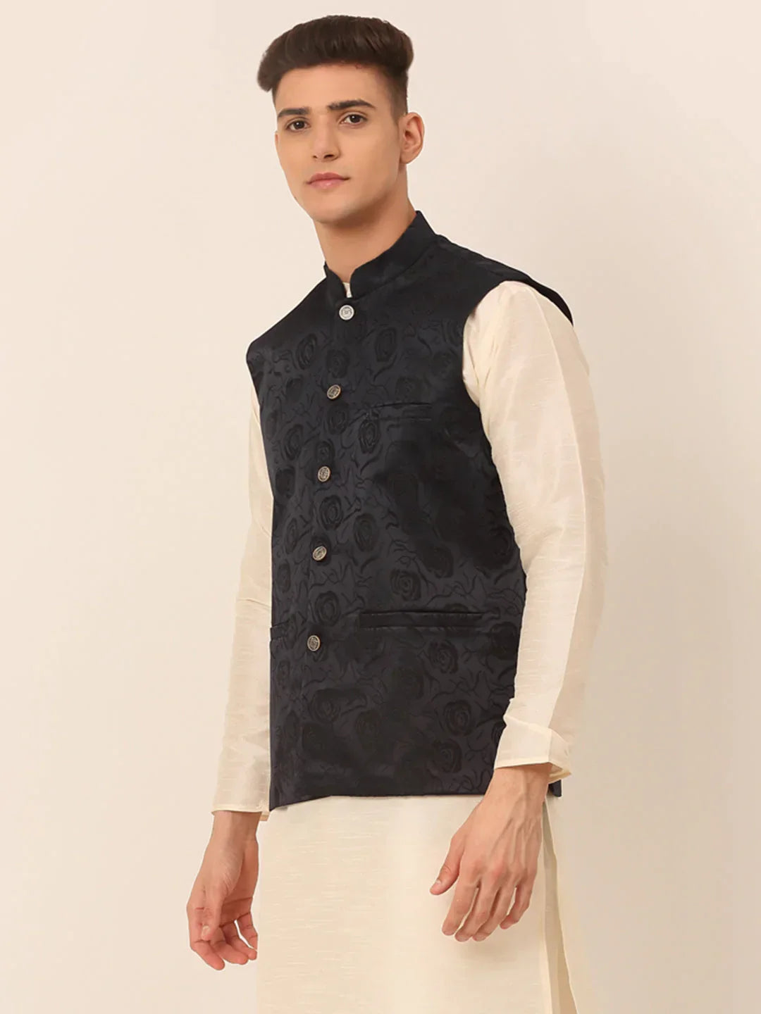 Jompers Men's Navy & Black embossed Nehru Jacket | Grocsy