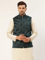 Jompers Men's Teal & Black embossed Nehru Jacket | Grocsy