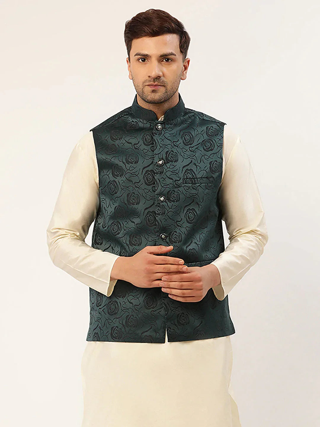 Jompers Men's Teal & Black embossed Nehru Jacket | Grocsy