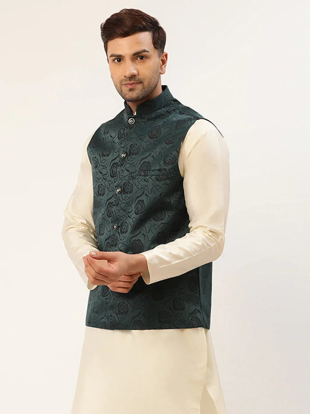 Jompers Men's Teal & Black embossed Nehru Jacket | Grocsy