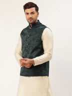Jompers Men's Teal & Black embossed Nehru Jacket | Grocsy