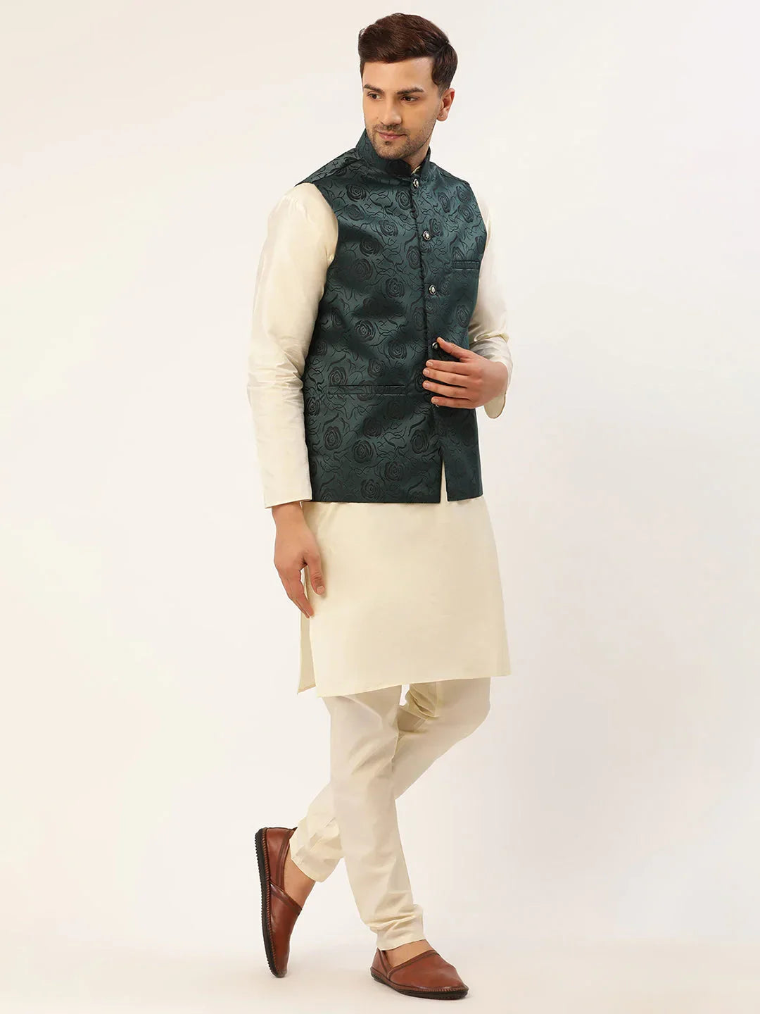 Jompers Men's Teal & Black embossed Nehru Jacket | Grocsy