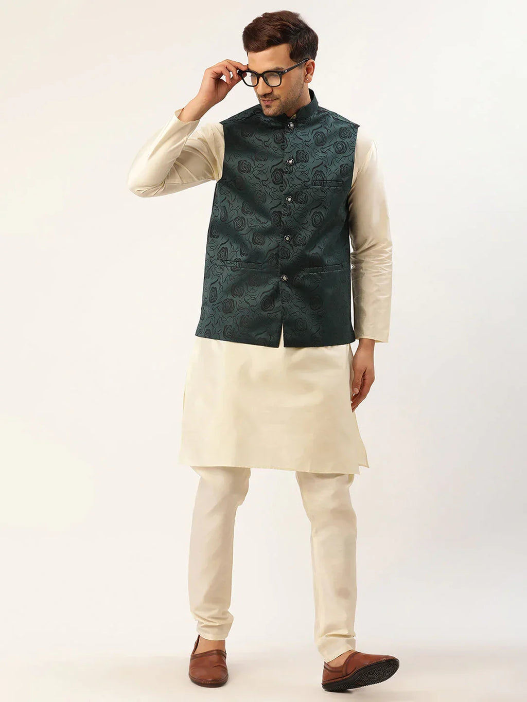 Jompers Men's Teal & Black embossed Nehru Jacket | Grocsy