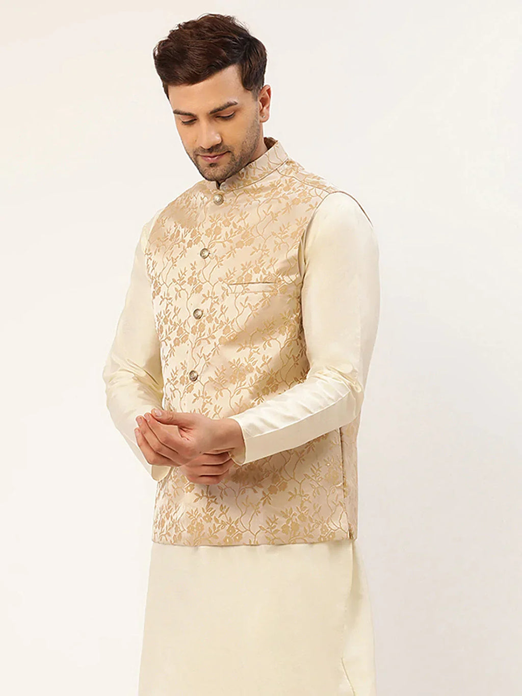 Jompers Men's Beige embossed Nehru Jacket | Grocsy