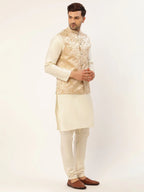 Jompers Men's Beige embossed Nehru Jacket | Grocsy