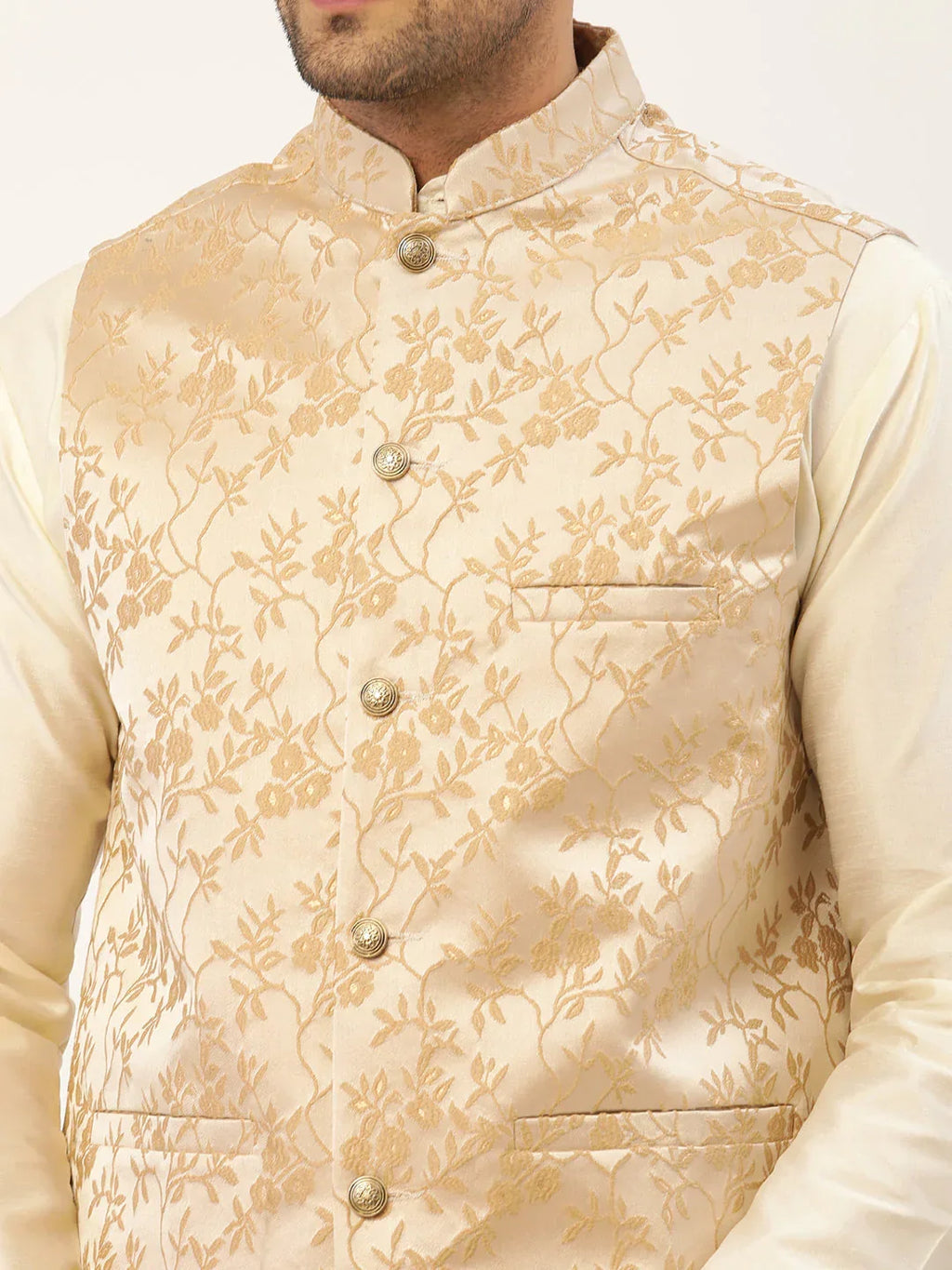 Jompers Men's Beige embossed Nehru Jacket | Grocsy