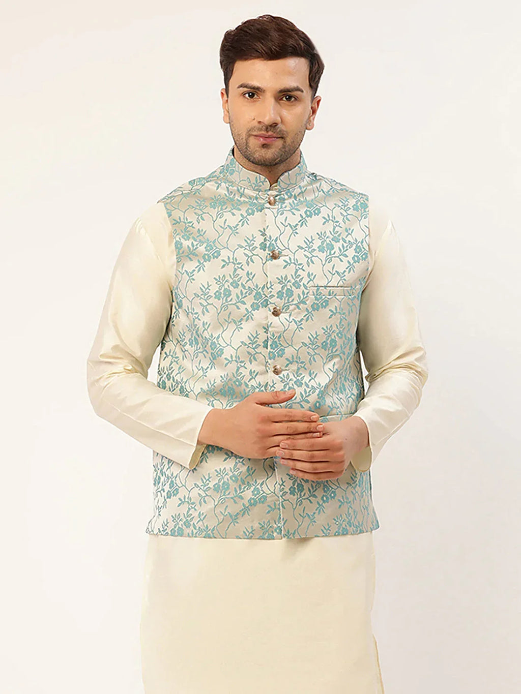 Jompers Men's Blue embossed Nehru Jacket | Grocsy