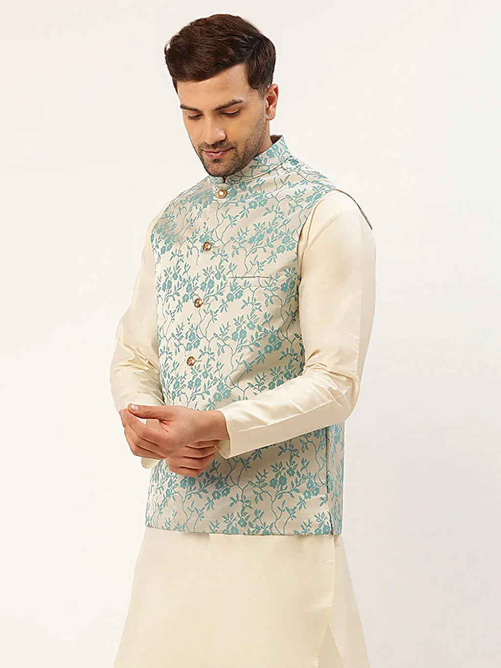 Jompers Men's Blue embossed Nehru Jacket | Grocsy