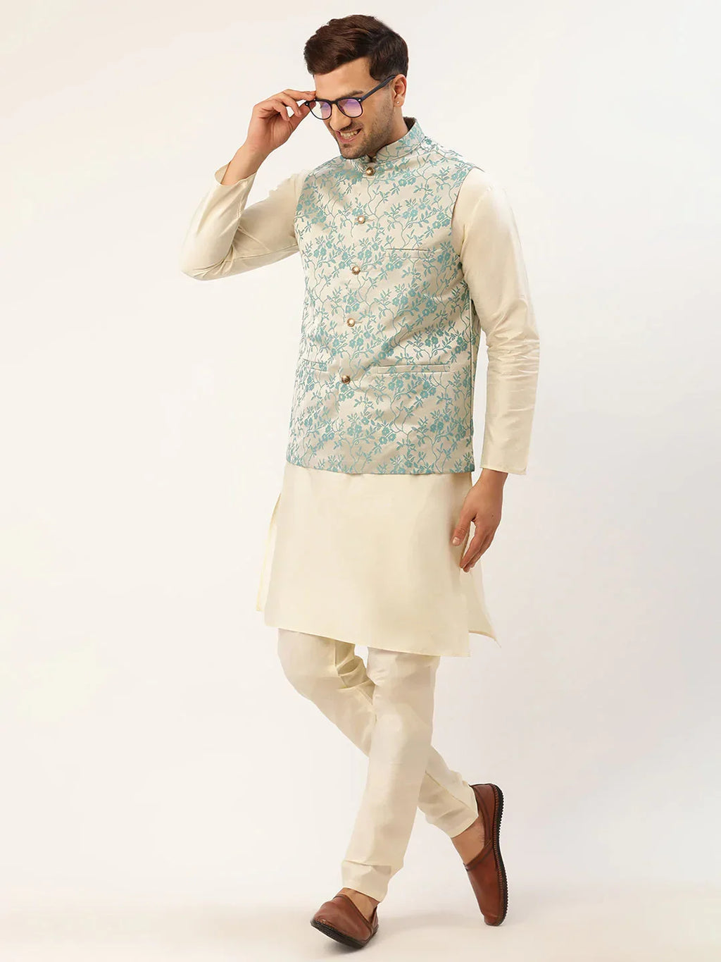 Jompers Men's Blue embossed Nehru Jacket | Grocsy