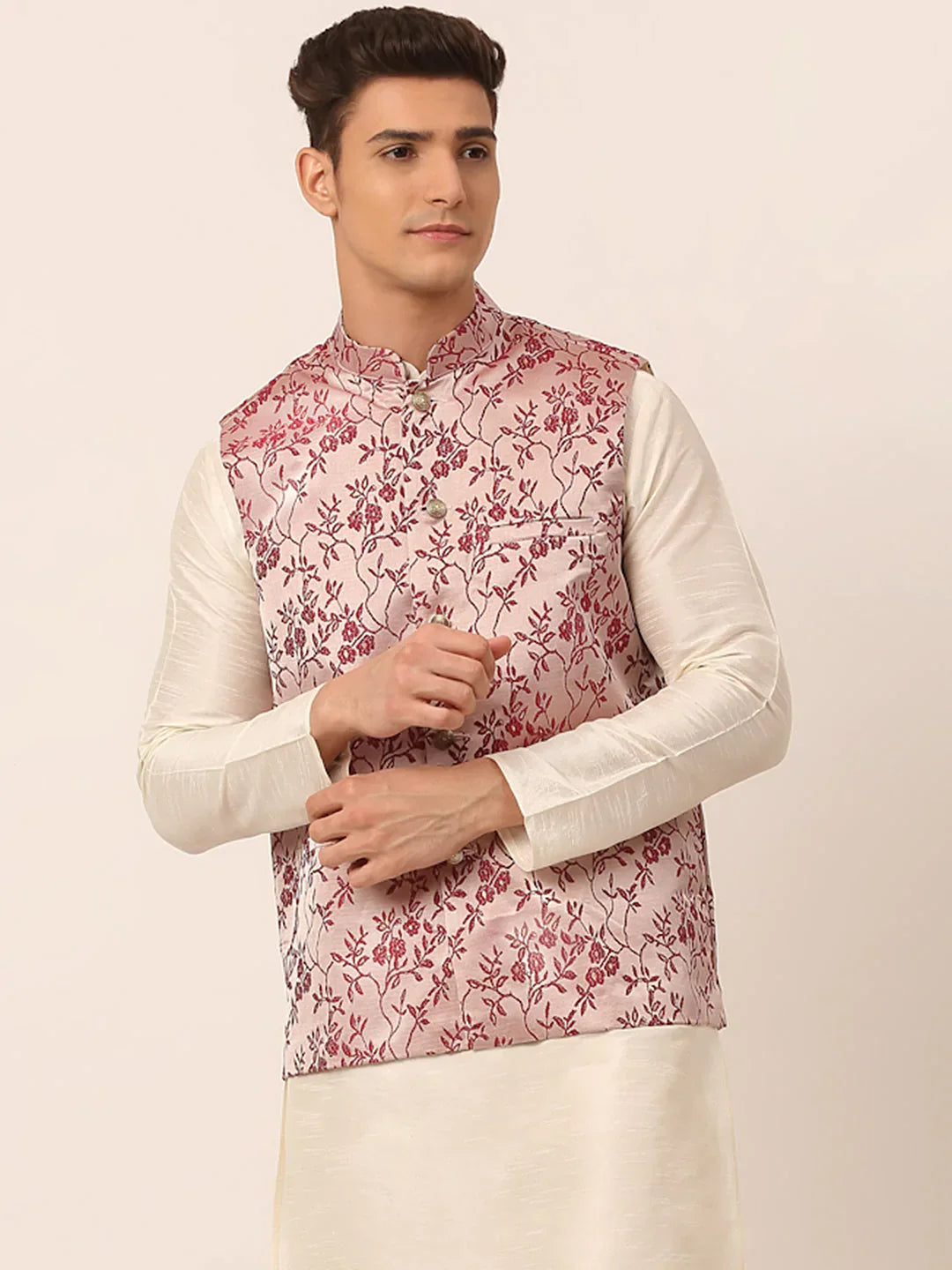 Jompers Men's Maroon Floral Design Nehru Jacket | Grocsy