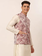 Jompers Men's Maroon Floral Design Nehru Jacket | Grocsy