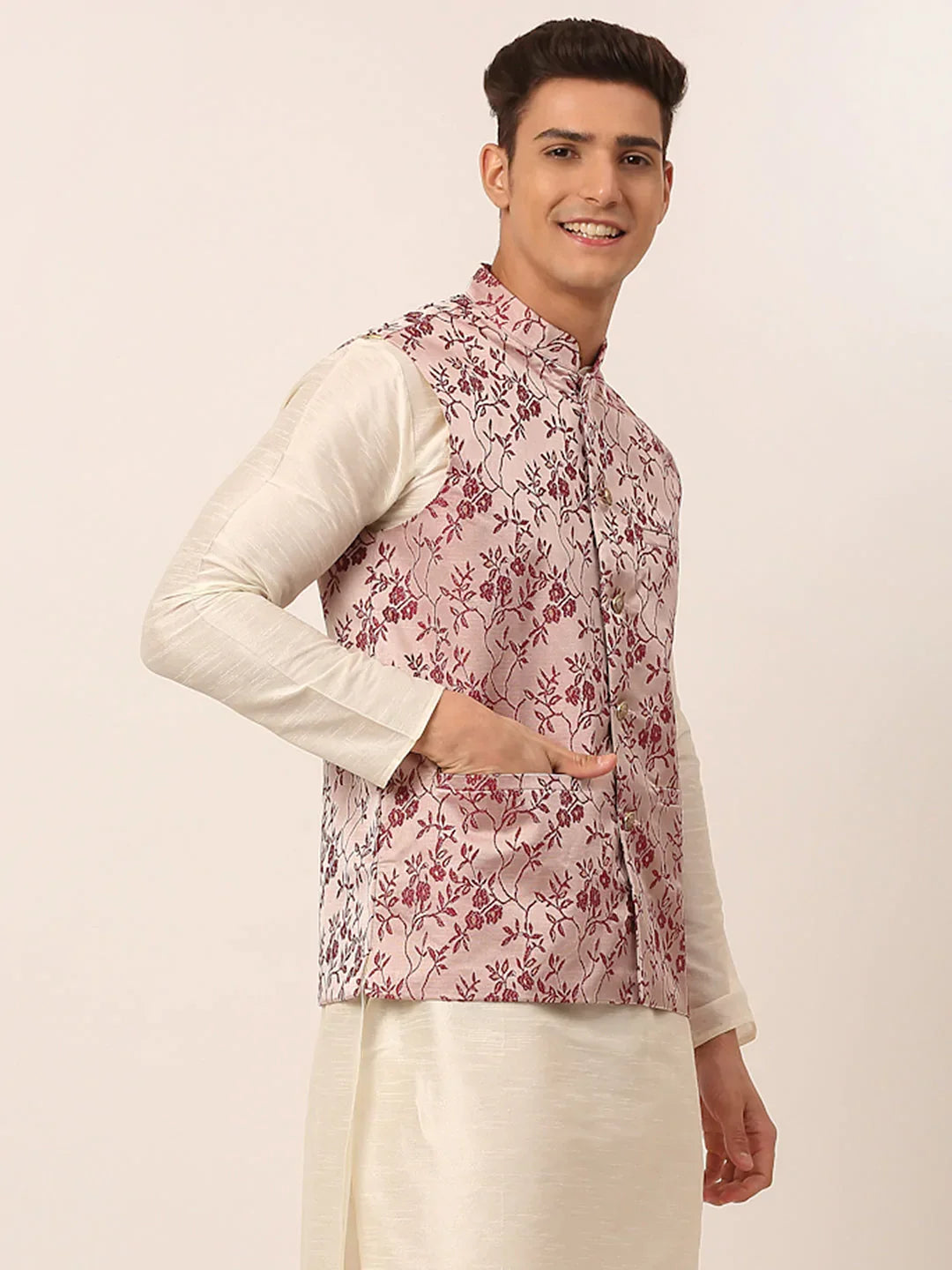 Jompers Men's Maroon Floral Design Nehru Jacket | Grocsy