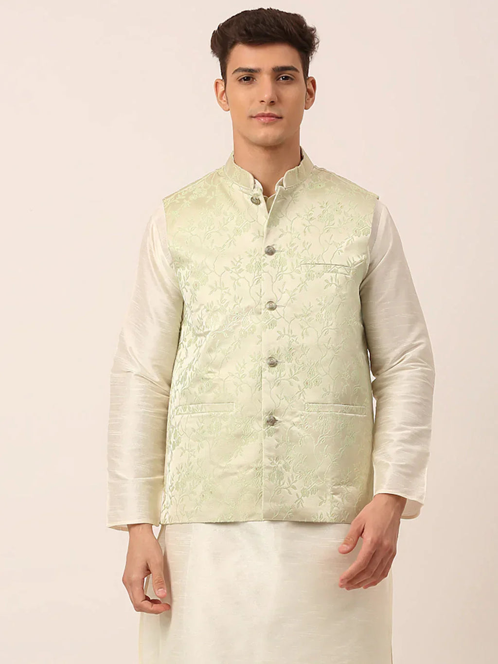 Jompers Men's Pista Green Floral Design Nehru Jacket | Grocsy