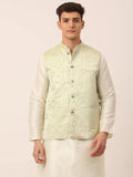 Jompers Men's Pista Green Floral Design Nehru Jacket | Grocsy