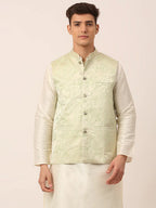 Jompers Men's Pista Green Floral Design Nehru Jacket | Grocsy
