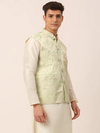 Jompers Men's Pista Green Floral Design Nehru Jacket | Grocsy