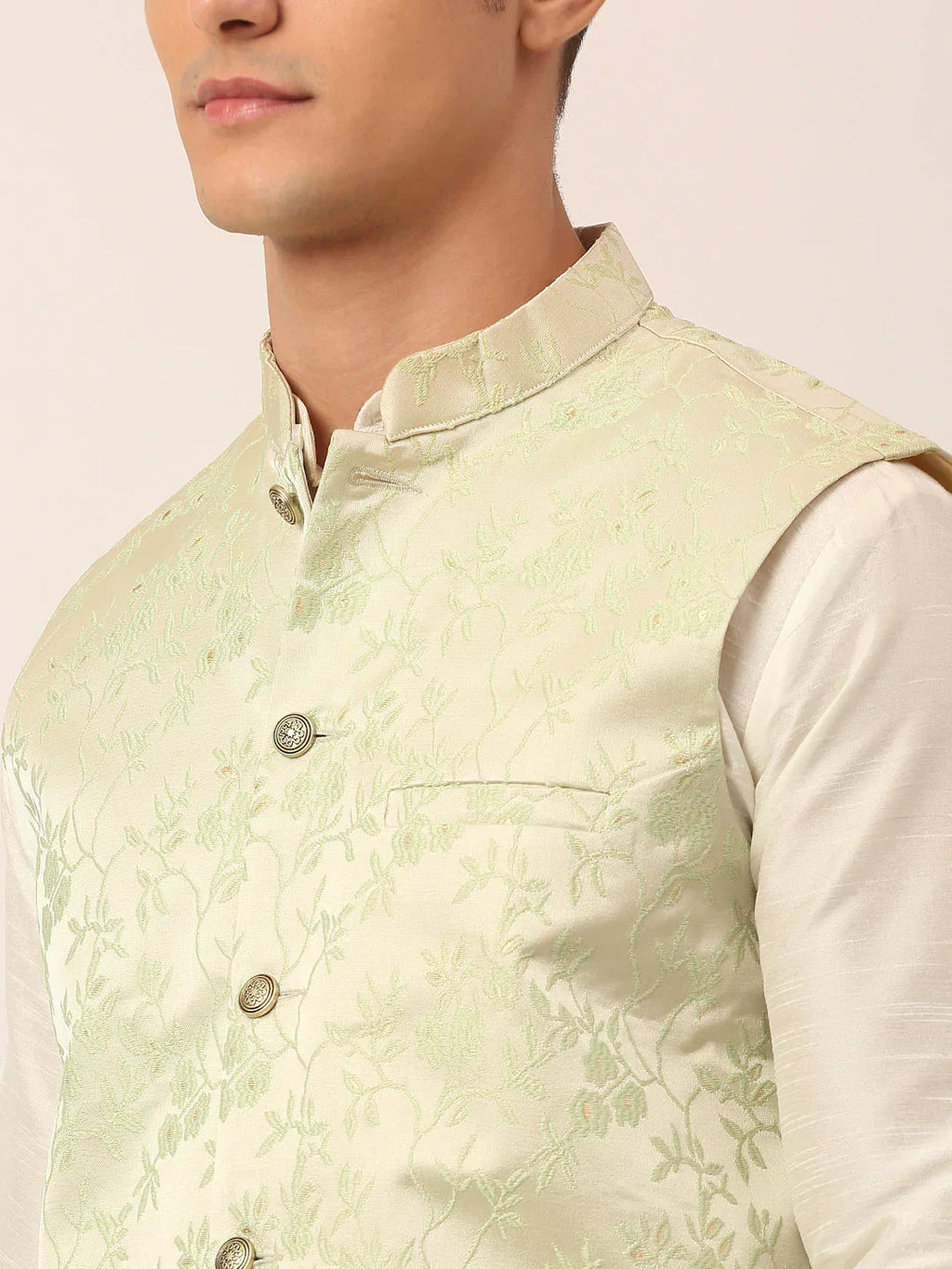 Jompers Men's Pista Green Floral Design Nehru Jacket | Grocsy
