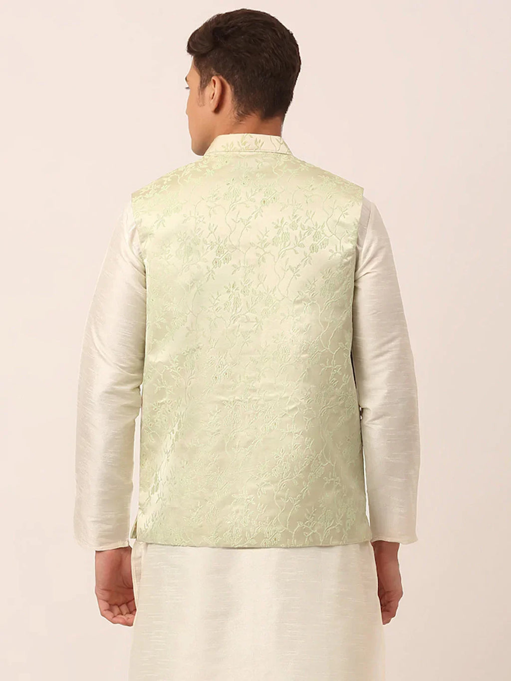 Jompers Men's Pista Green Floral Design Nehru Jacket | Grocsy