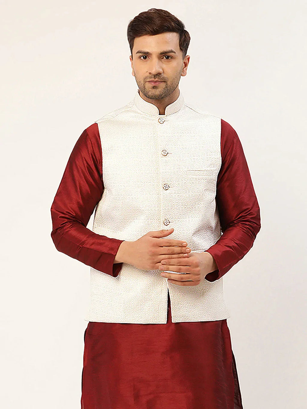 Jompers Men's White & Gold embossed Nehru Jacket | Grocsy