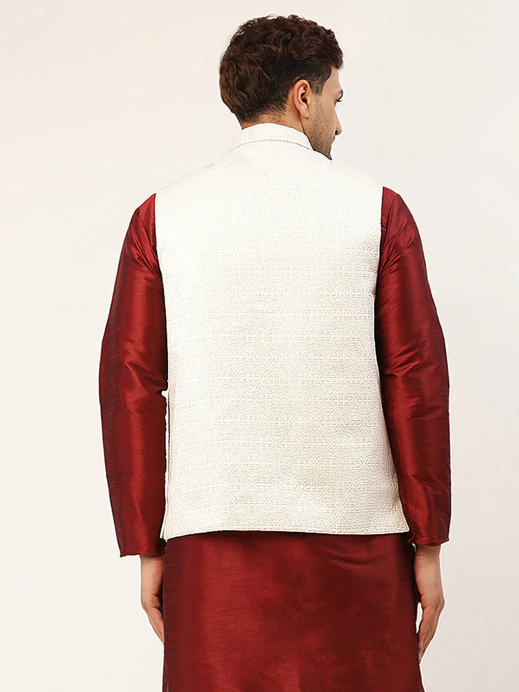 Jompers Men's White & Gold embossed Nehru Jacket | Grocsy