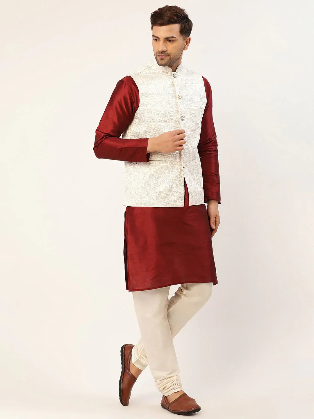 Jompers Men's White & Gold embossed Nehru Jacket | Grocsy
