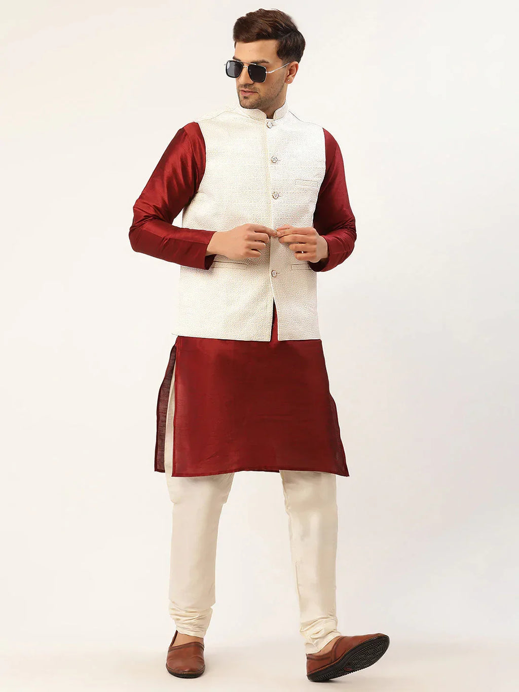 Jompers Men's White & Gold embossed Nehru Jacket | Grocsy