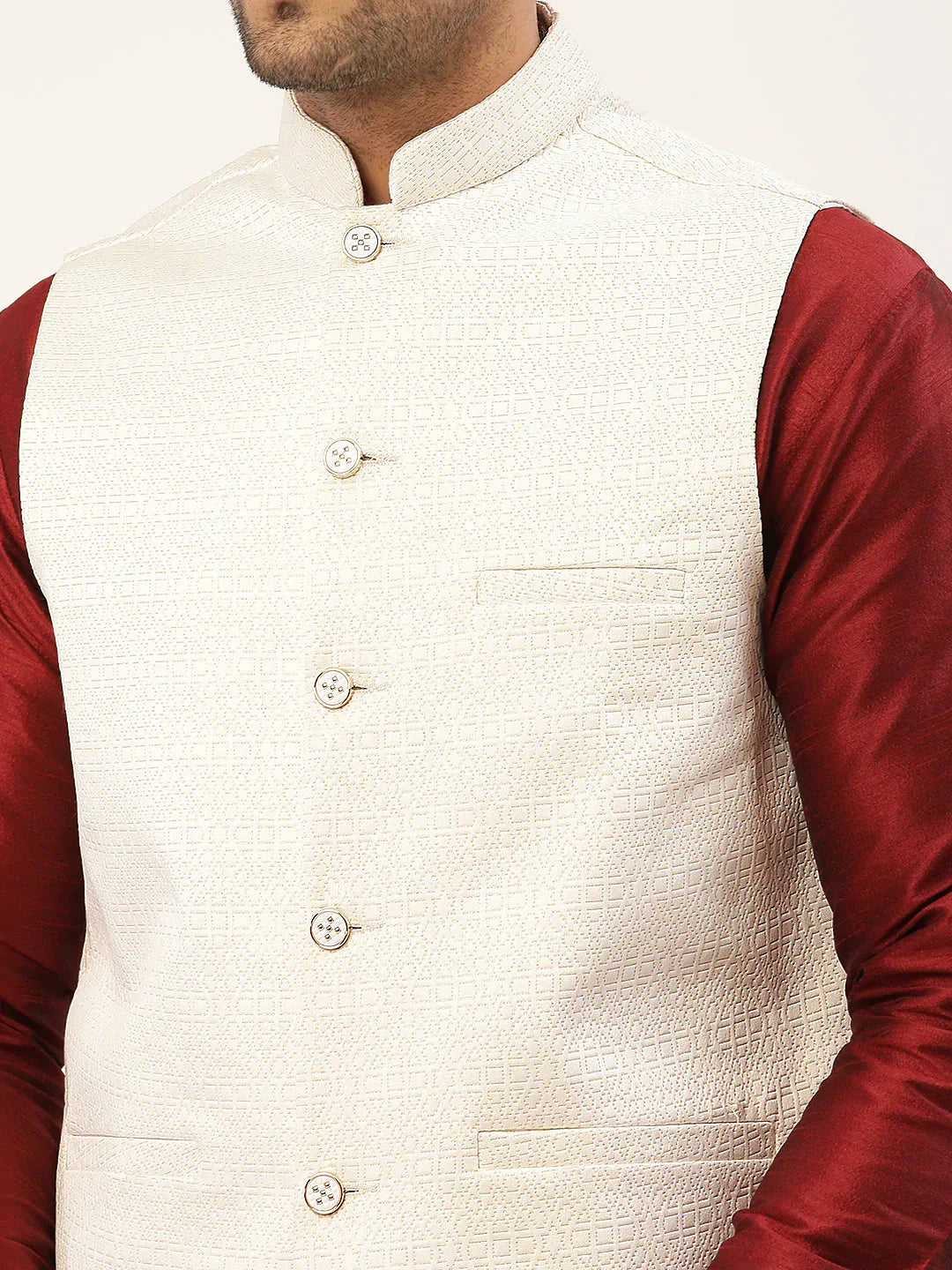 Jompers Men's White & Gold embossed Nehru Jacket | Grocsy