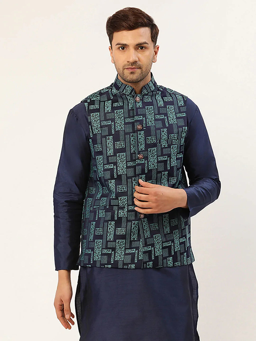 Jompers Men's Blue Woven Design Nehru Jacket | Grocsy