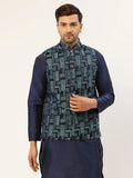 Jompers Men's Blue Woven Design Nehru Jacket | Grocsy