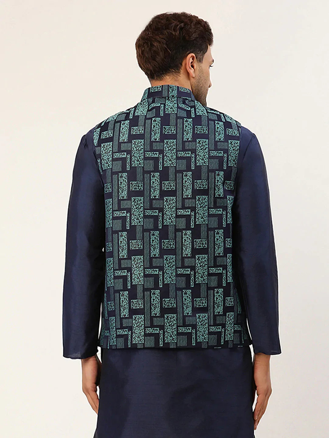 Jompers Men's Blue Woven Design Nehru Jacket | Grocsy