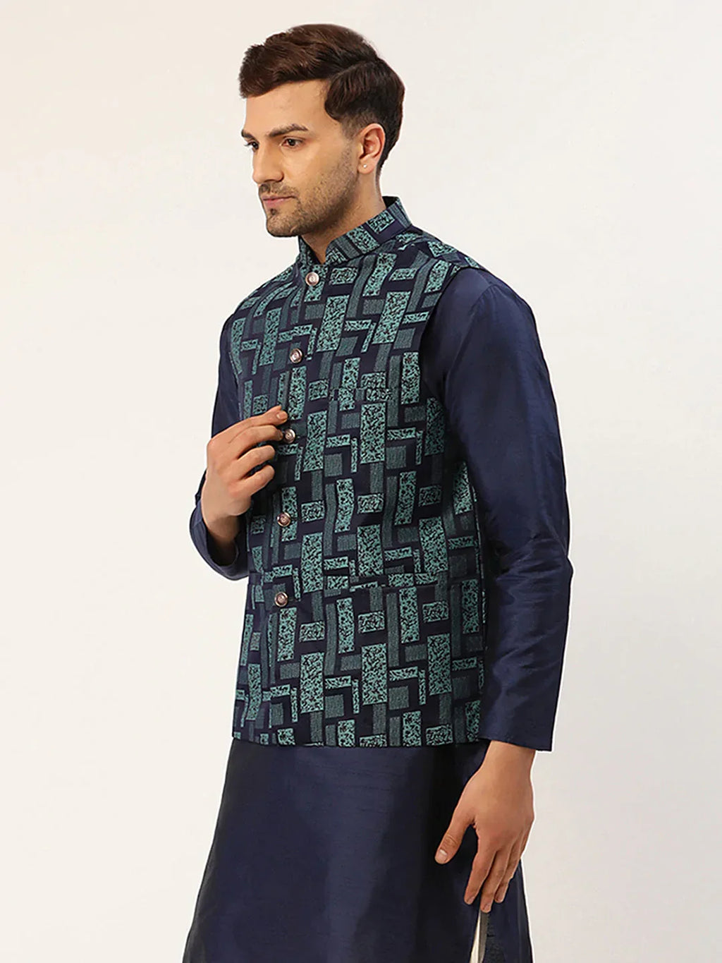 Jompers Men's Blue Woven Design Nehru Jacket | Grocsy