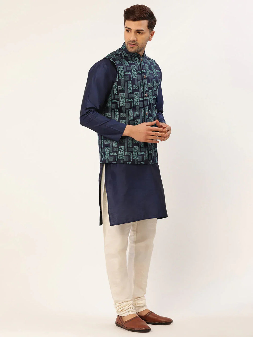 Jompers Men's Blue Woven Design Nehru Jacket | Grocsy