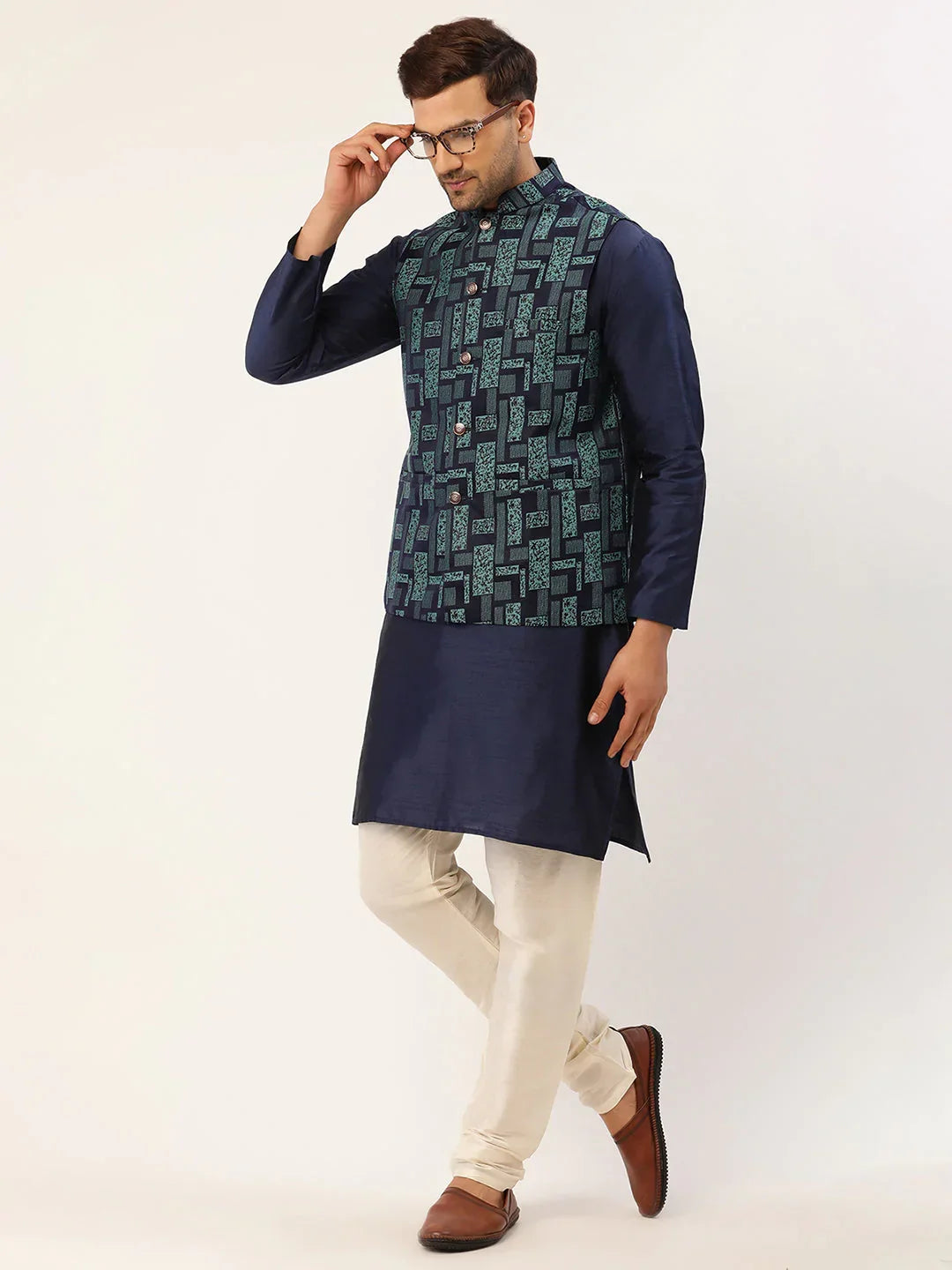 Jompers Men's Blue Woven Design Nehru Jacket | Grocsy