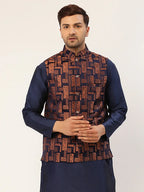 Jompers Men's Bronze & Navy Blue embossed Nehru Jacket | Grocsy