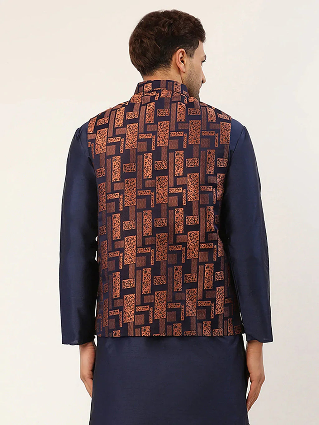 Jompers Men's Bronze & Navy Blue embossed Nehru Jacket | Grocsy