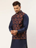 Jompers Men's Bronze & Navy Blue embossed Nehru Jacket | Grocsy