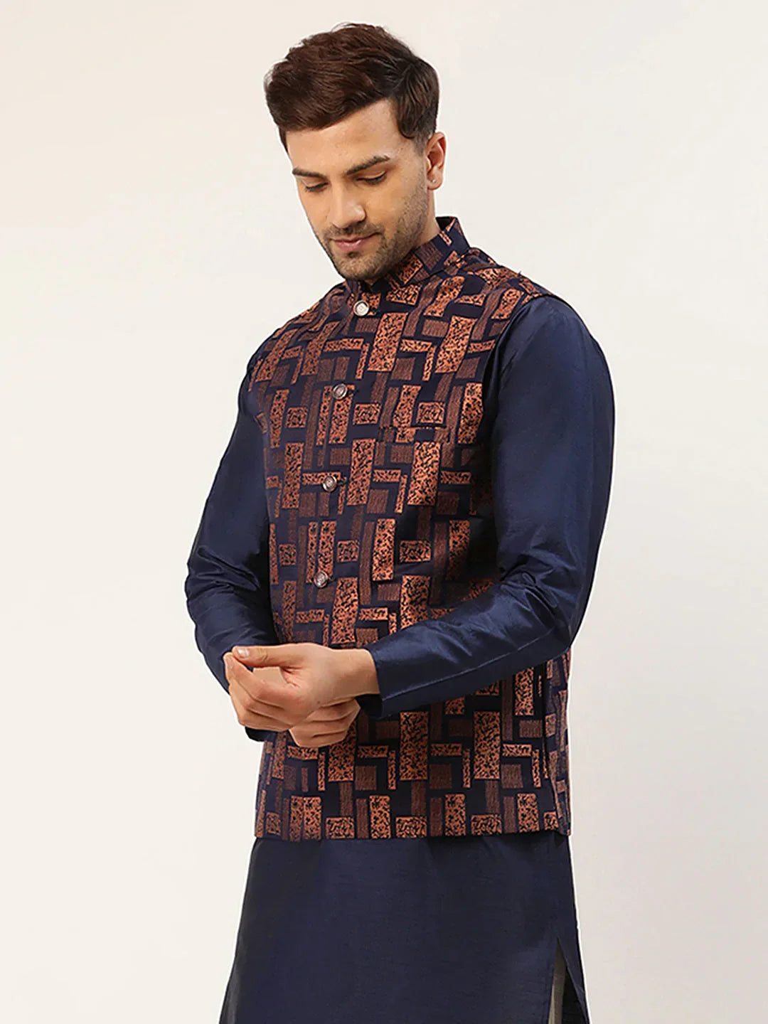 Jompers Men's Bronze & Navy Blue embossed Nehru Jacket | Grocsy