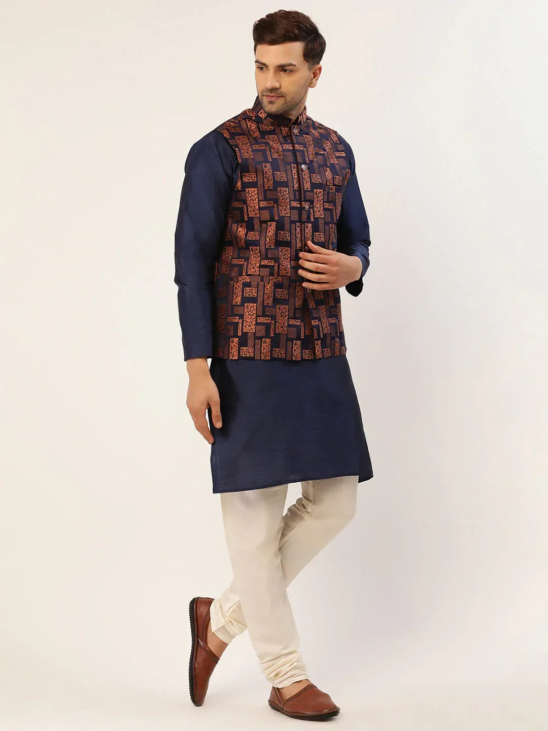 Jompers Men's Bronze & Navy Blue embossed Nehru Jacket | Grocsy
