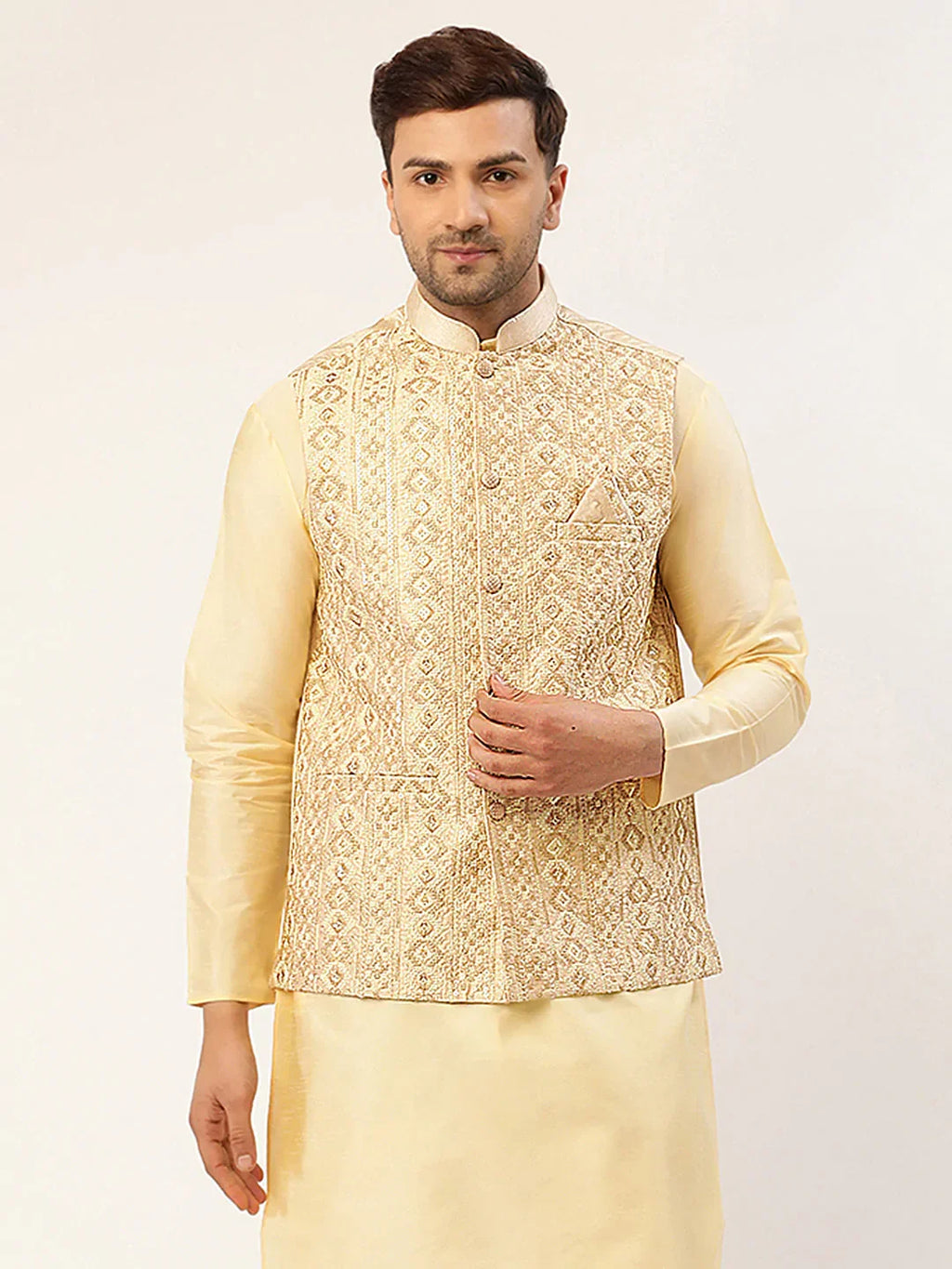 Jompers Men's Cream & Gold Embroidered Woven Nehru Jacket | Grocsy