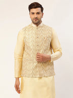 Jompers Men's Cream & Gold Embroidered Woven Nehru Jacket | Grocsy
