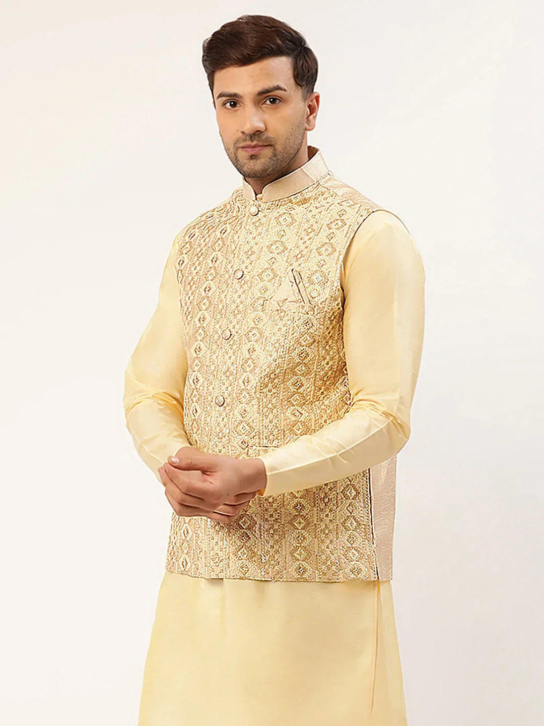 Jompers Men's Cream & Gold Embroidered Woven Nehru Jacket | Grocsy